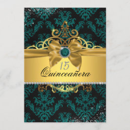 Blauwgroen Goud Elegant Damask Quinceanera Invite Kaart