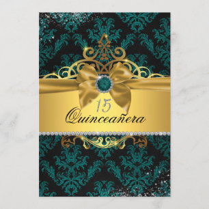Blauwgroen Goud Elegant Damask Quinceanera Invite Kaart