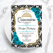 Blauwgroen Goud Elegant Damask Quinceanera Kaart