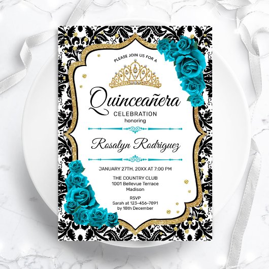 Blauwgroen Goud Elegant Damask Quinceanera Kaart