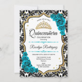 Blauwgroen Goud Elegant Damask Quinceanera Kaart (Voorkant)