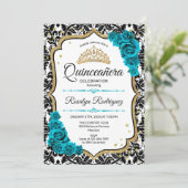 Blauwgroen Goud Elegant Damask Quinceanera Kaart (Staand voorkant)