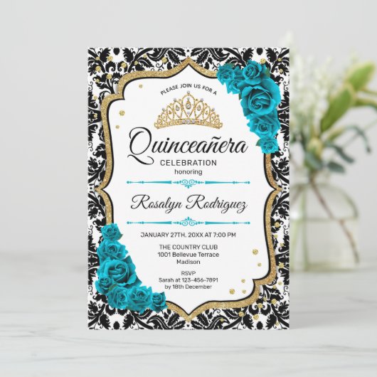 Blauwgroen Goud Elegant Damask Quinceanera Kaart (Staand voorkant)