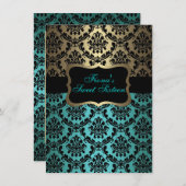 Blauwgroen & Goud Elegant Damask Verjaardag Uitnod Kaart (Voorkant / Achterkant)
