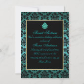 Blauwgroen & Goud Elegant Damask Verjaardag Uitnod Kaart (Achterkant)