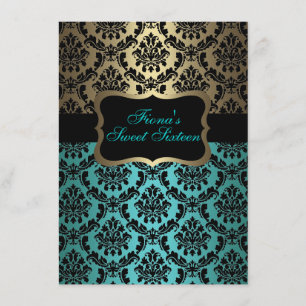 Blauwgroen & Goud Elegant Damask Verjaardag Uitnod Kaart