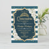 Blauwgroen Goud Elegant Quinceanera Kaart (Staand voorkant)