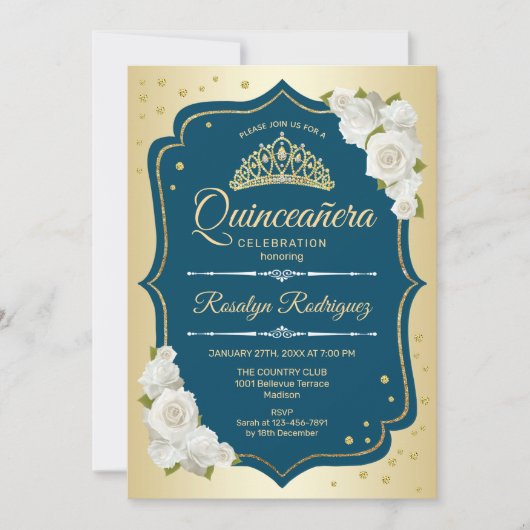 Blauwgroen Goud Elegant Quinceanera Kaart (Voorkant)