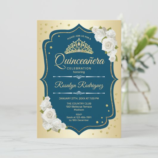 Blauwgroen Goud Elegant Quinceanera Kaart (Staand voorkant)