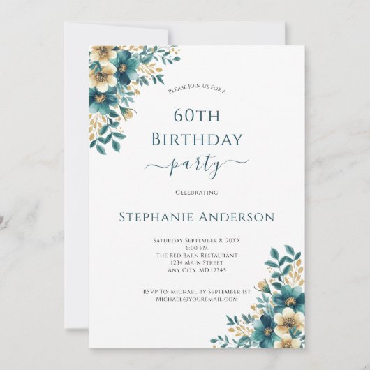 Blauwgroen Goud Elegante Waterverf Bloemen 60ste V Kaart (Voorkant)