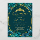 Blauwgroen Goud Fascinerende Bloemenvlinder Quince Folie Uitnodiging (Voorkant)