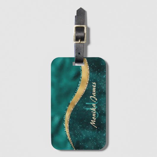 Blauwgroen Goud Geborsteld Metaal Monogram Naam en Bagagelabel (Voorkant (verticaal))