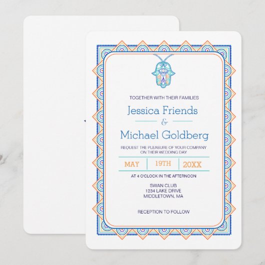 Blauwgroen goud hamsa geometrische trouwuitnodigin kaart (Voorkant / Achterkant)