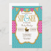 Blauwgroen Goud Heet Roze Sip En Zie Uitnodiging (Voorkant / Achterkant)