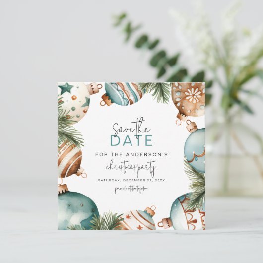 Blauwgroen & Goud Kerstboom Ornamenten Party Save The Date (Staand voorkant)