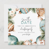 Blauwgroen & Goud Kerstboom Ornamenten Party Save The Date (Voorkant)