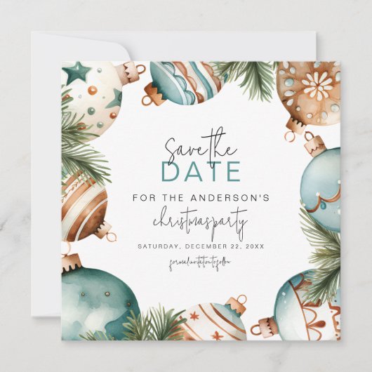 Blauwgroen & Goud Kerstboom Ornamenten Party Save The Date (Voorkant)