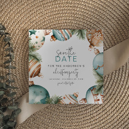 Blauwgroen & Goud Kerstboom Ornamenten Party Save The Date