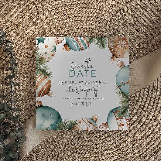 Blauwgroen & Goud Kerstboom Ornamenten Party Save The Date