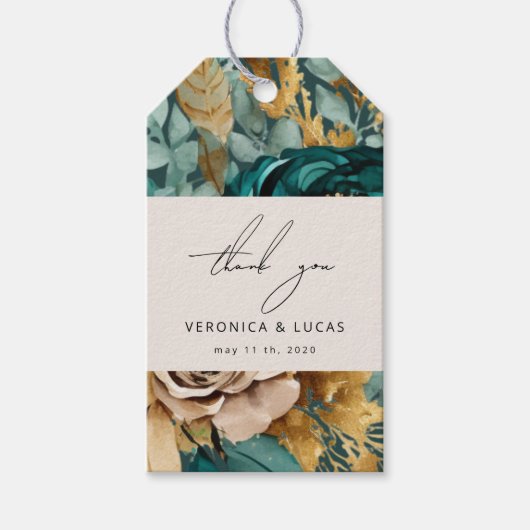 Blauwgroen Goud Luxe Bloemen Bruiloft Dank u Cadea Cadeaulabel (Voorkant)