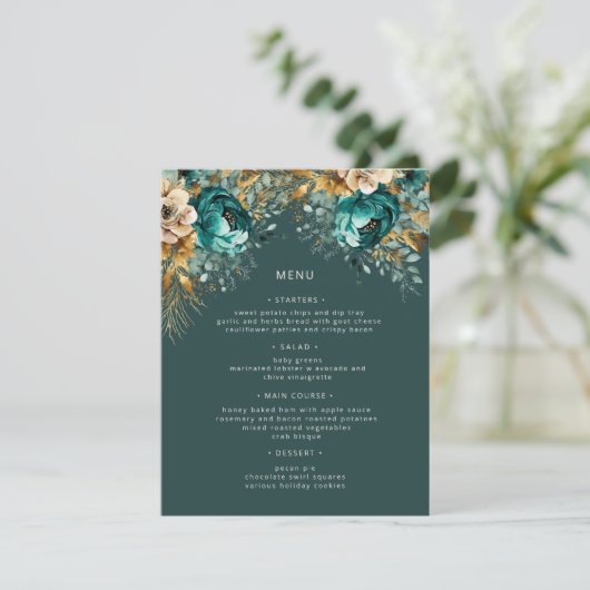 Blauwgroen Goud Luxe Bloemen Bruiloft Menu Kaart (Staand voorkant)