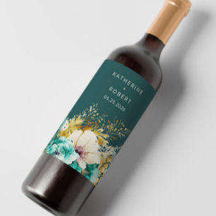 Blauwgroen Goud Luxe Bloemen Bruiloft Wijn Label S Etiket