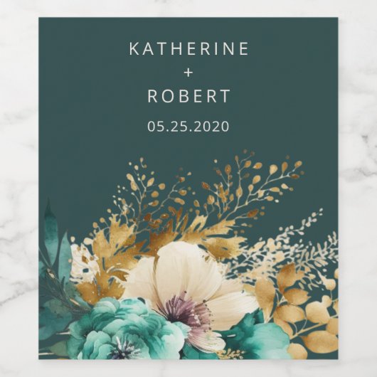 Blauwgroen Goud Luxe Bloemen Bruiloft Wijn Label S Wijn Etiket (Enkel label)
