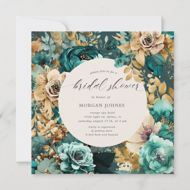 Blauwgroen Goud Luxe Bloemen Vrijgezellenfeest (Voorkant)