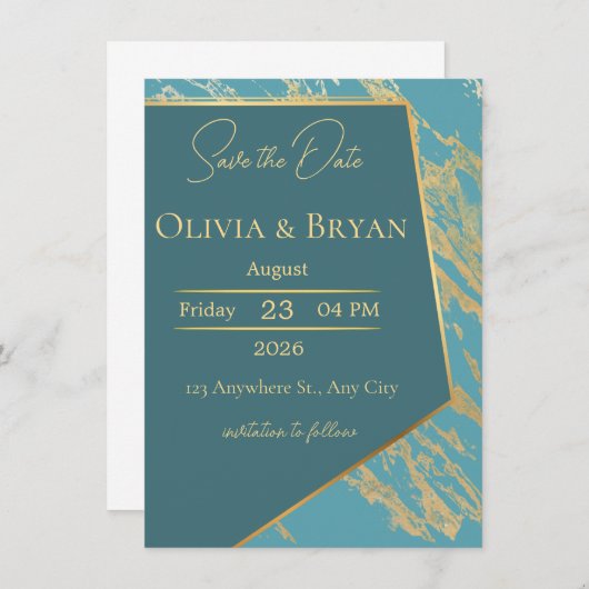 Blauwgroen & Goud Marmer Save the Date Kaart | Ele (Voorkant / Achterkant)
