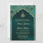 Blauwgroen Goud Marokkaanse Arch Moslim Bruiloft Kaart (Voorkant)