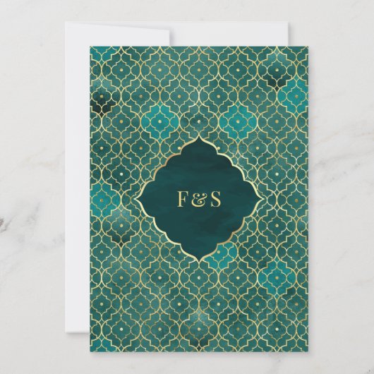 Blauwgroen Goud Marokkaanse Arch Moslim Bruiloft Kaart (Achterkant)