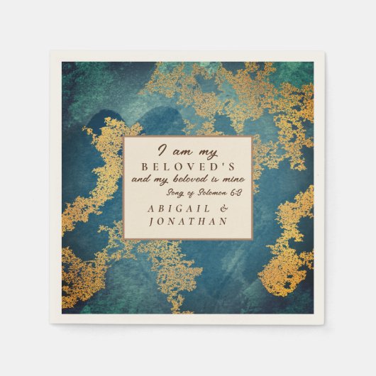 Blauwgroen Goud Modern Art Trouwbijbelvers Servet (Voorkant)