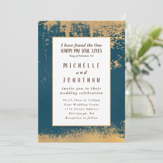 Blauwgroen Goud Modern Bijbelvers Christelijk Huwe Kaart (Staand voorkant)