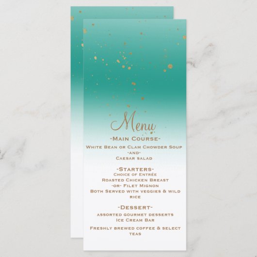 Blauwgroen Goud Modern Glam Confetti Party Wedding Menu (Voorkant / Achterkant)
