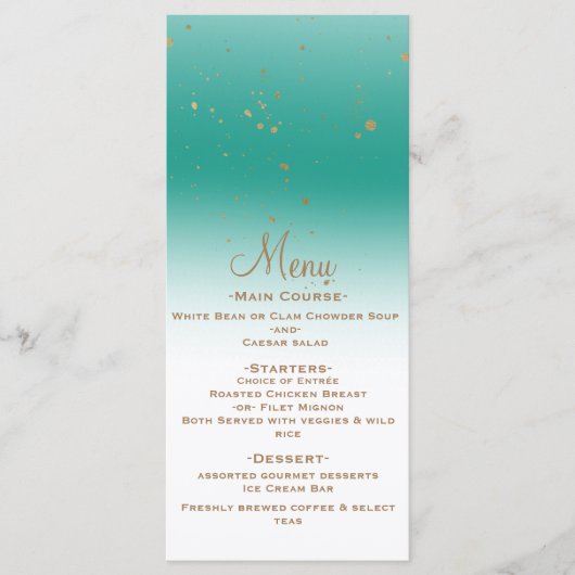 Blauwgroen Goud Modern Glam Confetti Party Wedding Menu (Voorkant)