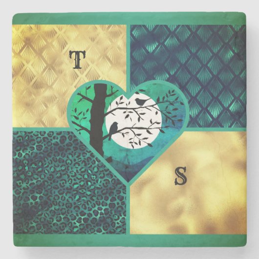 Blauwgroen & Goud Moonlight Birds Stenen Onderzetter (Voorkant)