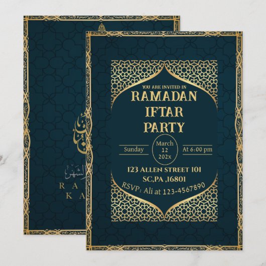 Blauwgroen & Goud Moslim Islamitische Ramadan Ifta Kaart (Voorkant / Achterkant)