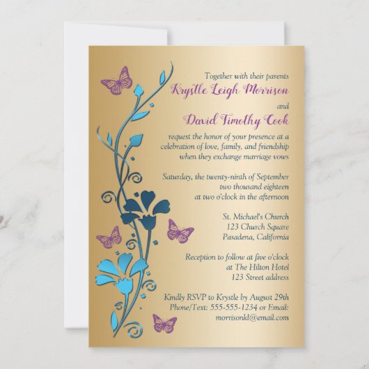 Blauwgroen, Goud, Paarse Bloemen en Vlinders nodig Kaart (Achterkant)