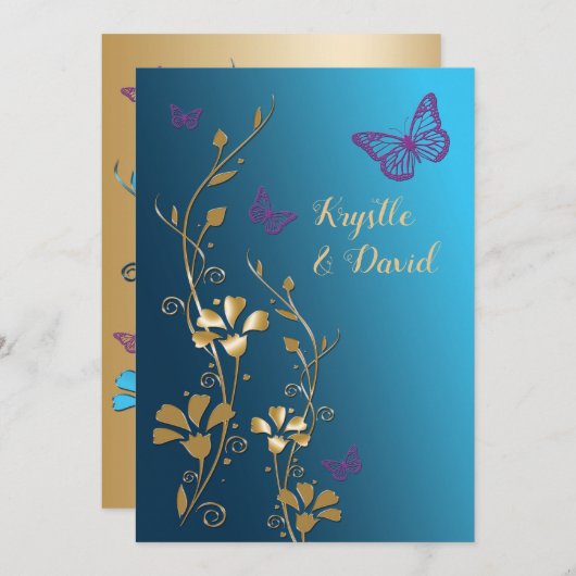 Blauwgroen, Goud, Paarse Bloemen en Vlinders nodig Kaart (Voorkant / Achterkant)