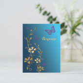 Blauwgroen, Goud, Paarse Bloemen en Vlinders RSVP (Staand voorkant)