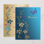 Blauwgroen, Goud, Paarse Bloemen en Vlinders RSVP (Voorkant / Achterkant)