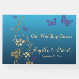 Blauwgroen, Goud, Paarse bloemen, Vlinders Gastenb Gastenboek