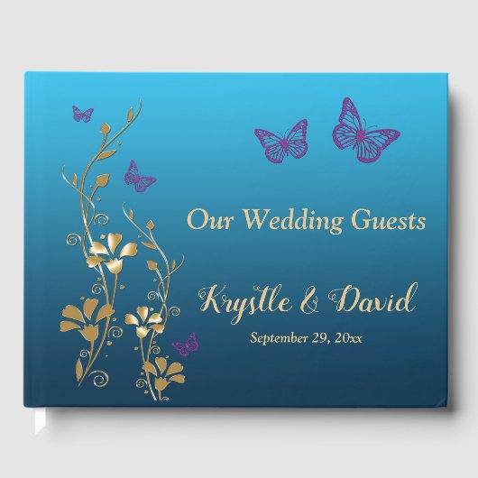 Blauwgroen, Goud, Paarse bloemen, Vlinders Gastenb Gastenboek (Voorkant)
