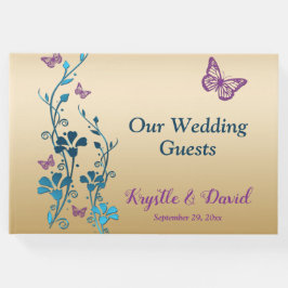 Blauwgroen, Goud, Paarse bloemen, Vlinders Gastenb Gastenboek