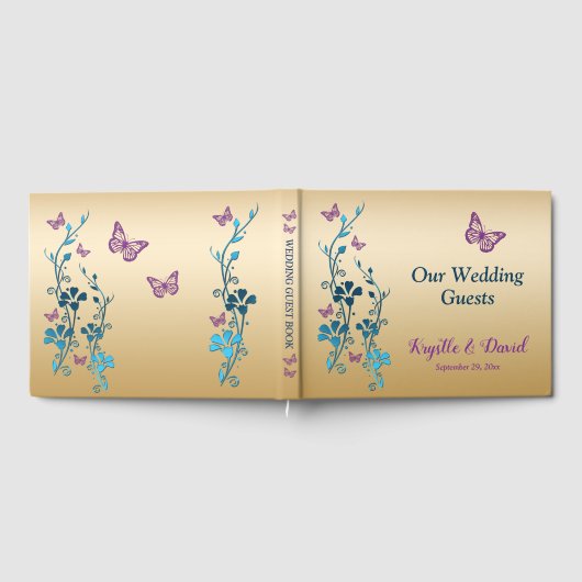 Blauwgroen, Goud, Paarse bloemen, Vlinders Gastenb Gastenboek (Volledig)