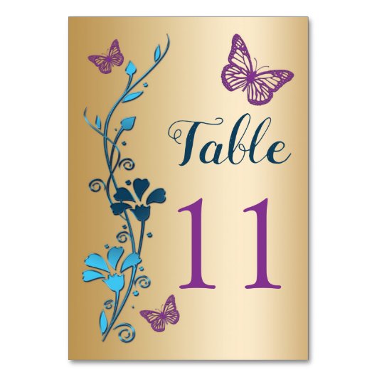 Blauwgroen Goud Paarse Bloemen Vlinders Tafelnumme Kaart (Achterkant)