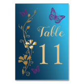 Blauwgroen Goud Paarse Bloemen Vlinders Tafelnumme Kaart (Voorkant)