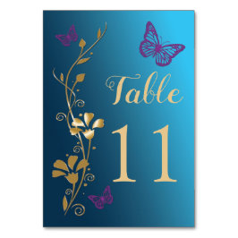 Blauwgroen Goud Paarse Bloemen Vlinders Tafelnumme Kaart
