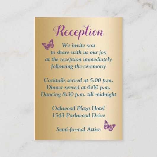 Blauwgroen Goud Paarse Bloemen Vlinders Trouwentek Informatiekaartje (Achterkant)