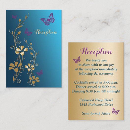 Blauwgroen Goud Paarse Bloemen Vlinders Trouwentek Informatiekaartje (Voorkant / Achterkant)